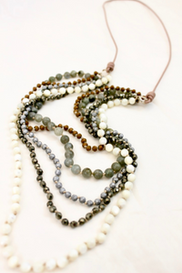 Mother of Pearl Mix Hand Knotted Long Necklace on Genuine Leather -Layers Collection- NLL-Charlie