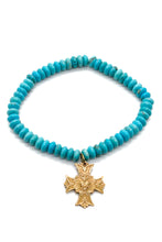Load image into Gallery viewer, Heart and Cross French Gold Charm on Turquoise Bracelet -French Medals Collection- B6-018
