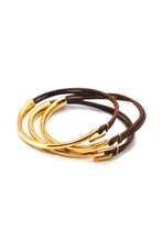 Load image into Gallery viewer, Natural Dark Brown Leather + 24K Gold Plate Bangle Bracelet
