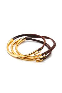 Natural Dark Brown Leather + 24K Gold Plate Bangle Bracelet
