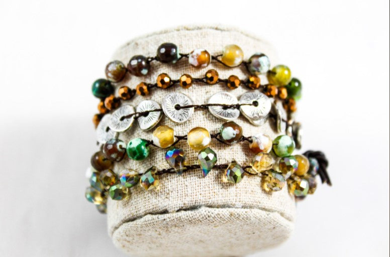 Hand Knotted Convertible Crochet Bracelet or Necklace, Crystals and Stones Mix - WR-097