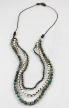 Load image into Gallery viewer, Pyrite, Freshwater Pearls and African Turquoise Hand Knotted Long Necklace on Genuine Leather -Layers Collection- N5-018