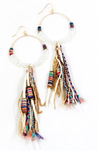 Crystal Beaded Hoop Earrings with Tassel - E001-42T