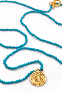 Long Faceted Turquoise Necklace or Wrap Bracelet with Gold French Religious Medal -French Medals Collection- N6-011