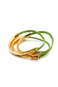 Light Green Leather + 24K Gold Plate Bangle Bracelet