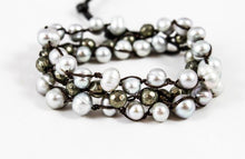 Load image into Gallery viewer, Hand Knotted Convertible Crochet Bracelet, Necklace, or Headband, Freshwater Pearls and Pyrite - WR-047
