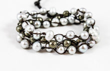 Load image into Gallery viewer, Hand Knotted Convertible Crochet Bracelet, Necklace, or Headband, Freshwater Pearls and Pyrite - WR-047