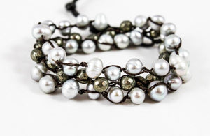 Hand Knotted Convertible Crochet Bracelet, Necklace, or Headband, Freshwater Pearls and Pyrite - WR-047