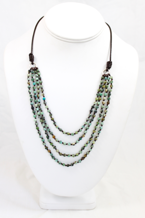 Mini African Turquoise Hand Knotted Short Necklace on Genuine Leather -Layers Collection- NLS-073