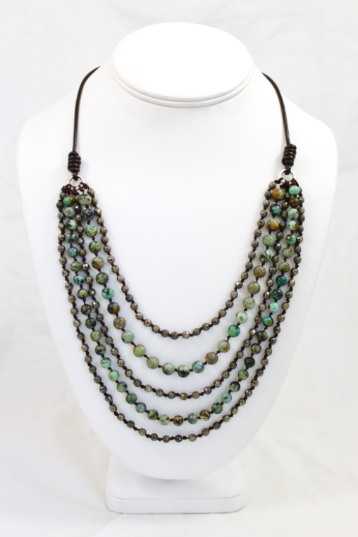 African Turquoise and Pyrite Mix Hand Knotted Short Necklace on Genuine Leather -Layers Collection- NLS-Eve