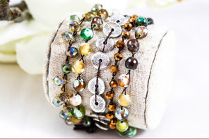 Hand Knotted Convertible Crochet Bracelet or Necklace, Crystals and Stones Mix - WR-097