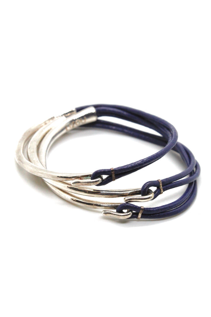 Purple Leather + Sterling Silver Plate Bangle Bracelet