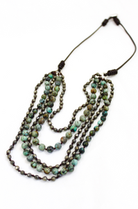 African Turquoise and Pyrite Mix Hand Knotted Short Necklace on Genuine Leather -Layers Collection- NLS-Eve