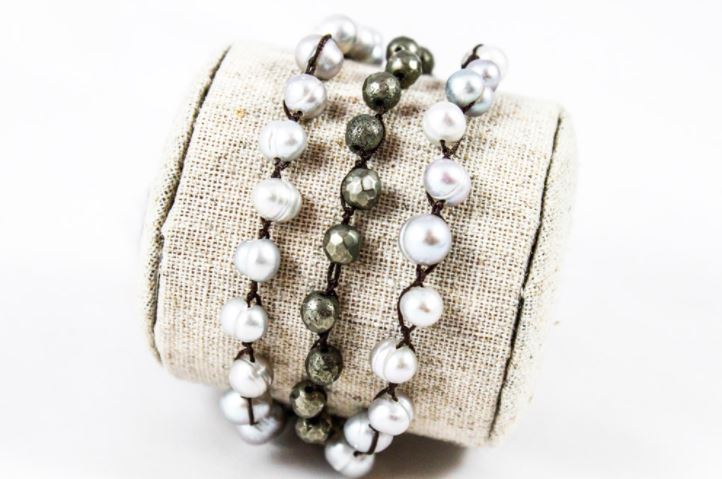 Hand Knotted Convertible Crochet Bracelet, Necklace, or Headband, Freshwater Pearls and Pyrite - WR-047