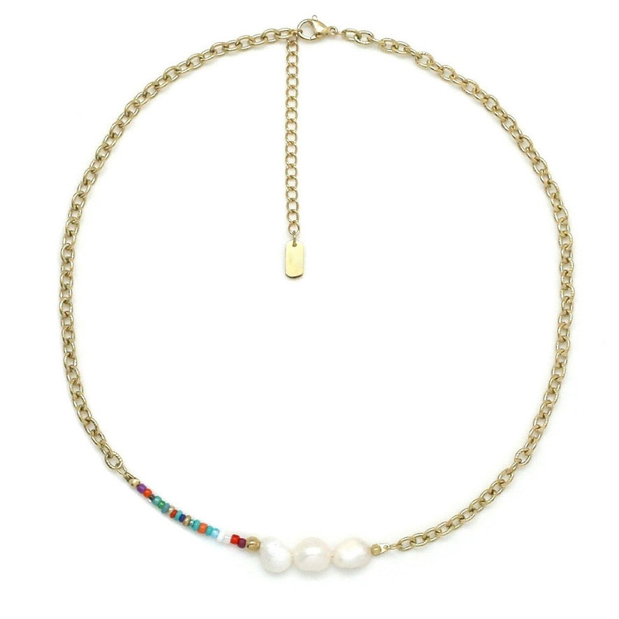 Rainbow and Freshwater Pearl 24K Gold Plate Short Necklace -French Flair Collection- N2-2204