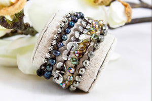 Hand Knotted Convertible Crochet Bracelet or Necklace, Crystals and Stones Mix - WR-099