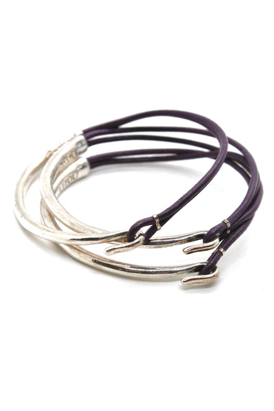 Eggplant Leather + Sterling Silver Plate Bangle Bracelet