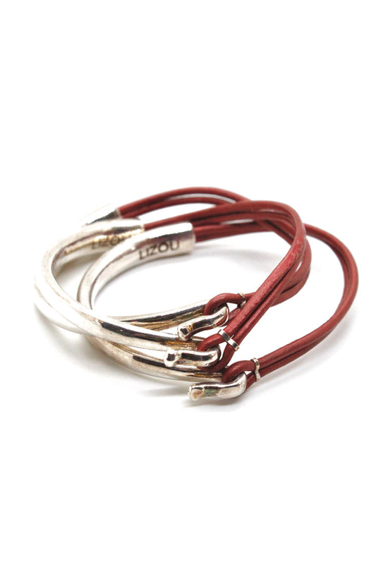 Brick Leather + Sterling Silver Plate Bangle Bracelet