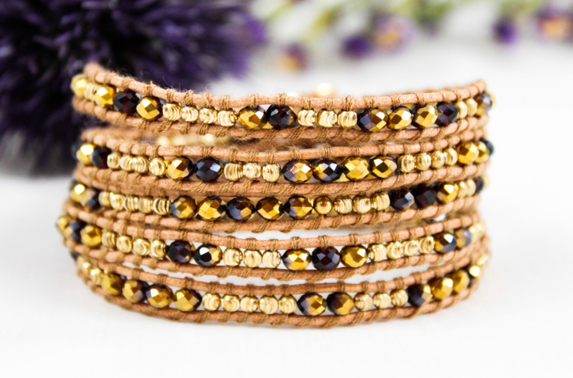 Holiday - Gold and Deep Red Leather Wrap Bracelet
