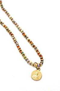 Orange Mix Crystal and 24K Gold Plate Short Necklace with Small Reversible French Religious Medal -French Medals Collection- N6-002