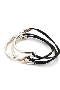 Black Leather + Sterling Silver Plate Bangle Bracelet