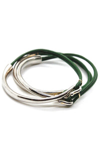 Dark Green Leather + Sterling Silver Plate Bangle Bracelet