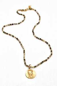 Faceted Phrenite and 24K Gold Plate Necklace with Reversible French Gold Religious Charm -French Medals Collection- N6-005