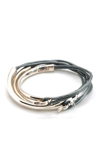 Dark Grey Leather + Sterling Silver Plate Bangle Bracelet