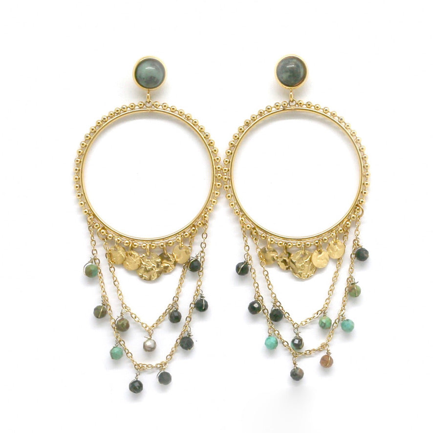 Beautiful 24K Gold Plated Hoop Earrings With African Turquoise Dangle Chain -French Flair Collection- E4-079