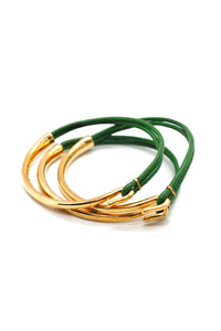 Green Leather + 24K Gold Plate Bangle Bracelet
