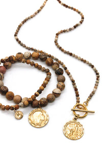 Short Semi Precious Stone Necklace with Reversible French Gold Religious Charm -French Medals Collection- N6-010