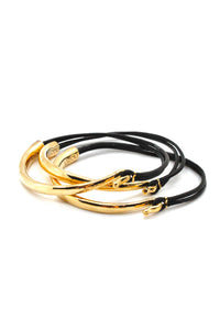 Black Leather + 24K Gold Plate Bangle Bracelet