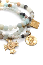 Load image into Gallery viewer, Amazonite Stone Stretch Bracelet with Gold French Religious Medal Charm -French Medals Collection- B6-008
