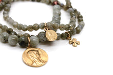 Load image into Gallery viewer, Mini Labradorite Bracelet with Lucky Gold Shamrock Charm -French Medals Collection- B6-024
