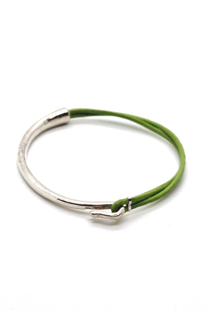 Light Green Leather + Sterling Silver Plate Bangle Bracelet