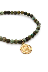 African Turquoise Bracelet with Gold French Religious Medal Charm  -French Medals Collection- B6-025