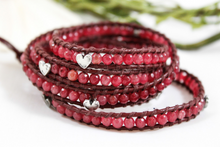 Load image into Gallery viewer, Valentine - Cherry Quartz and Silver Hearts Leather Wrap Bracelet