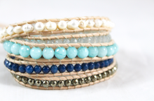 Load image into Gallery viewer, Lyra - Freshwater Pearl and Blue Mix Leather Wrap Bracelet
