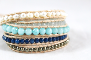 Lyra - Freshwater Pearl and Blue Mix Leather Wrap Bracelet
