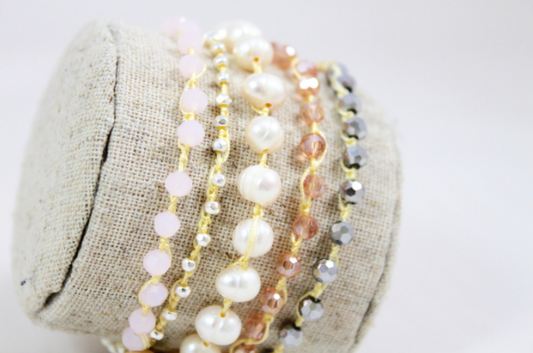 WR5-LotusHand Knotted Convertible Crochet Bracelet or Necklace, Crystals and Pearls Mix -