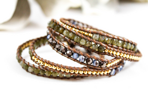 Pecan - Crystal and 24k Gold Plate Nugget Leather Wrap Bracelet