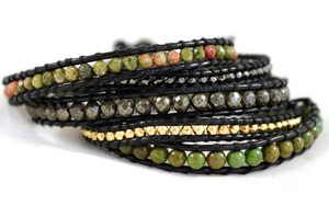Sencha - Dark Stone Mix Leather Wrap Bracelet