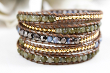 Load image into Gallery viewer, Pecan - Crystal and 24k Gold Plate Nugget Leather Wrap Bracelet
