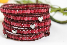 Load image into Gallery viewer, Valentine - Cherry Quartz and Silver Hearts Leather Wrap Bracelet