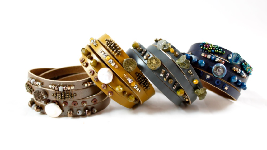 Yellow Green Beaded Leather Wrap Bracelet - B1-849