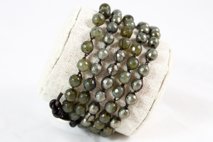 Hand Knotted Convertible Crochet Bracelet or Necklace, Labradorite and Pyrite Mix - WR5-Escargot