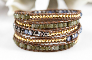 Pecan - Crystal and 24k Gold Plate Nugget Leather Wrap Bracelet