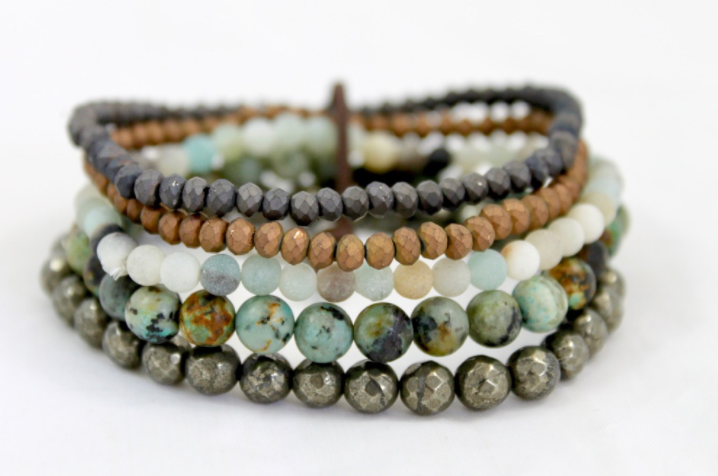 African Turquoise, Pyrite, Amazonite Mix Stretch Luxury Stack Bracelet - BL-4019
