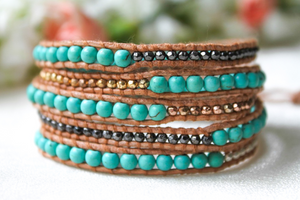 Rich - Turquoise and Mixed Metals Leather Wrap Bracelet