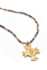 Detailed Heart Cross French Religious Medal on Rhodonite Faceted Necklace -French Medals Collection- N6-020